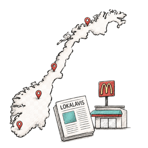 ikon med norgeskart og illustrasjon av ulike aksjoner
